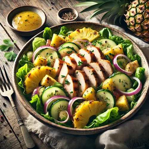Salade met gerookte kip en ananas op een rustieke houten tafel