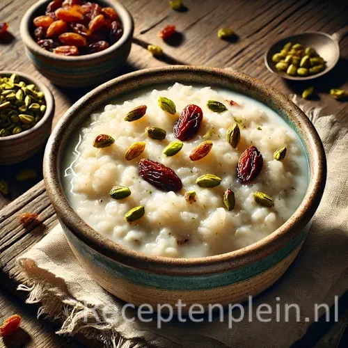 Shir berinj Afghaanse rijstpudding met pistachenoten op een rustieke houten tafel
