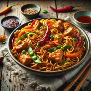 Sweet chili kip met woknoedels op rustieke houten tafel
