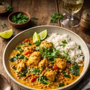 Thaise linzen-kipcurry op rustieke houten tafel