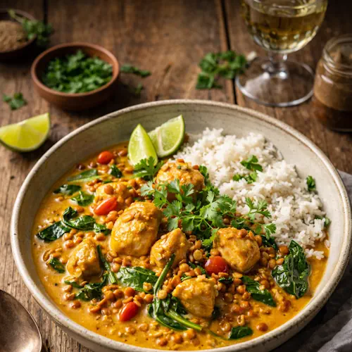 Thaise linzen-kipcurry op rustieke houten tafel