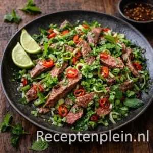 thaise rundvleessalade barbecue op een rustieke houten tafel.