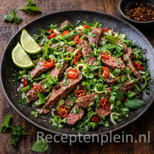 thaise rundvleessalade barbecue op een rustieke houten tafel.
