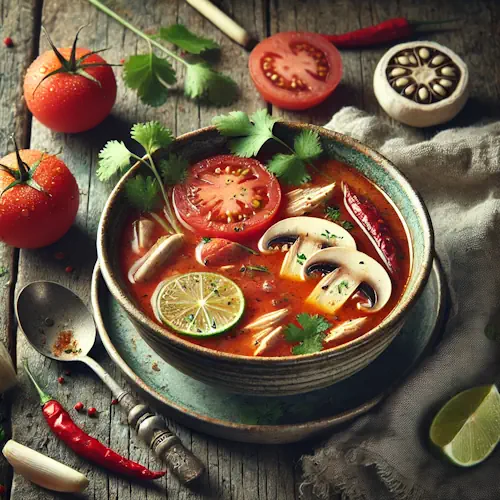 Thaise tomaten-kippensoep op rustieke houten tafel