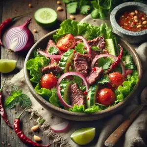 Thaise vleessalade op rustieke houten tafel