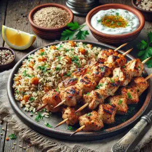 Turks gemarineerde kipspiesjes met meergranenpilav op rustieke houten tafel