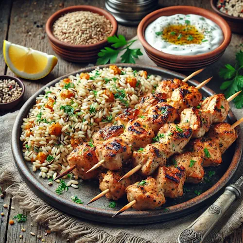 Turks gemarineerde kipspiesjes met meergranenpilav op rustieke houten tafel