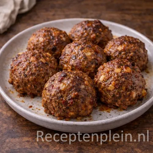 Twaalf goudbruin gebakken gehaktballen uit de Airfryer, bereid met rundergehakt, bacon en een paneerlaag van fijngemalen Tuc-koekjes.