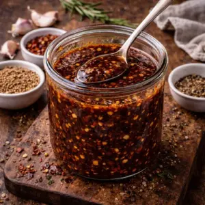 Amerikaanse marinade voor vlees en wild op rustieke houten tafel