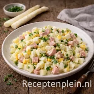 Asperge salade op een rustieke houten tafel