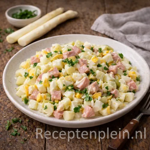 Asperge salade op een rustieke houten tafel
