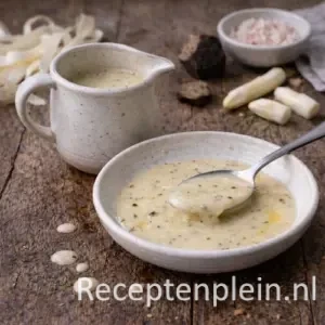 Asperge truffel dressing op rustieke houten tafel