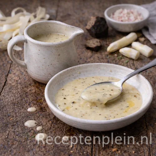 Asperge truffel dressing op rustieke houten tafel