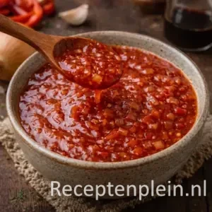 Barbecuesaus-in-rustieke-kom op rustiek houten tafel