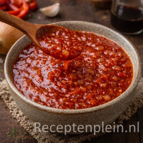 Barbecuesaus-in-rustieke-kom op rustiek houten tafel