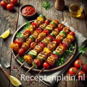 Hyper-realistische foodfoto van bonte kipspiesen: gegrilde kipblokjes afgewisseld met rode en gele paprika, rode ui en courgette op houten spiesjes, geserveerd op een keramische schaal op een rustieke houten tafel. De compositie is licht uitgezoomd zodat de houtstructuur duidelijk zichtbaar is. De kip heeft duidelijke grillstrepen en een licht glanzende marinade. Rondom staan een schaaltje dipsaus, citroenpartjes, verse kruiden, peperkorrels, een linnen doek en houten bestek, verlicht met helder natuurlijk daglicht voor een levendige premium food magazine uitstraling.