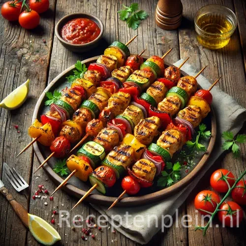 Hyper-realistische foodfoto van bonte kipspiesen: gegrilde kipblokjes afgewisseld met rode en gele paprika, rode ui en courgette op houten spiesjes, geserveerd op een keramische schaal op een rustieke houten tafel. De compositie is licht uitgezoomd zodat de houtstructuur duidelijk zichtbaar is. De kip heeft duidelijke grillstrepen en een licht glanzende marinade. Rondom staan een schaaltje dipsaus, citroenpartjes, verse kruiden, peperkorrels, een linnen doek en houten bestek, verlicht met helder natuurlijk daglicht voor een levendige premium food magazine uitstraling.
