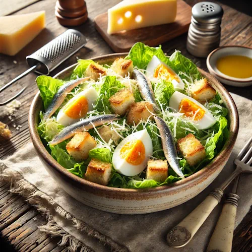 Caesar salad van Astrid Veltman op rustieke houten tafel