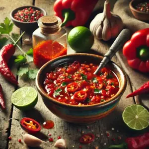 Caraïbische hot peppermarinade op rustieke houten tafel