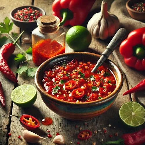 Caraïbische hot peppermarinade op rustieke houten tafel