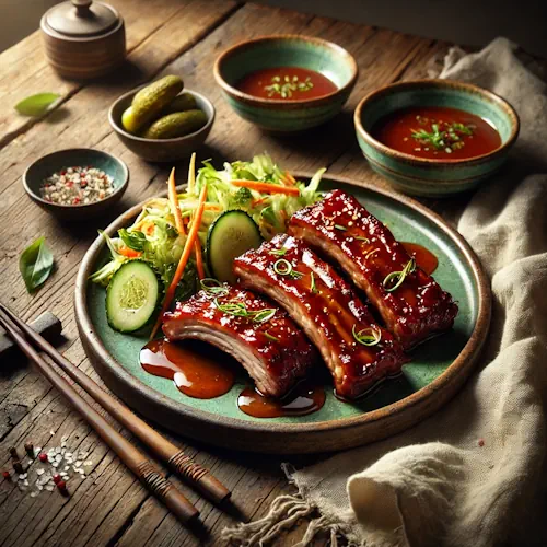 Chinese krabbetjes met atjar-salade van de barbecue op rustieke houten tafel