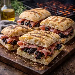 Ciabatta met ham en pruimen op rustieke houten tafel