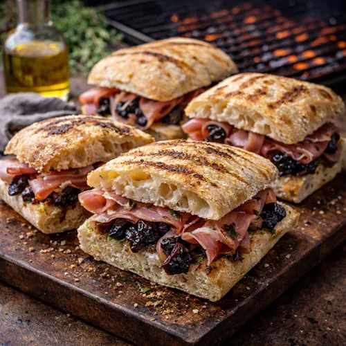 Ciabatta met ham en pruimen op rustieke houten tafel