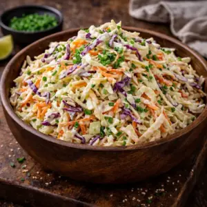 Coleslaw salade voor de barbecue op rustieke houten tafel