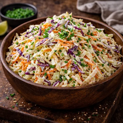 Coleslaw salade voor de barbecue op rustieke houten tafel