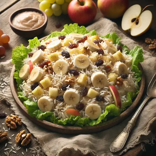 Creoolse banaansalade op rustieke houten tafel