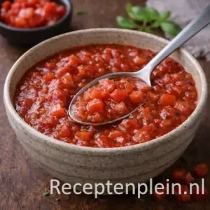 Diep Gestoofde Tomatensaus met Rode Wijn op een rustieke houten tafel.