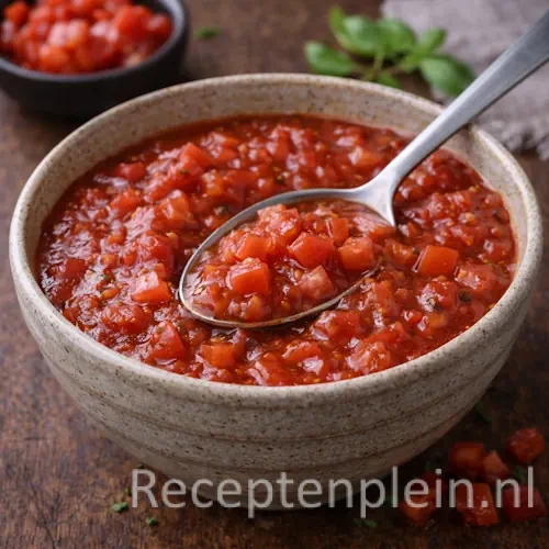Diep Gestoofde Tomatensaus met Rode Wijn op een rustieke houten tafel.