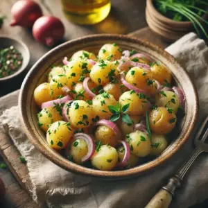Dragon aardappelsalade barbecue met krieltjes en kruiden op rustieke houten tafel