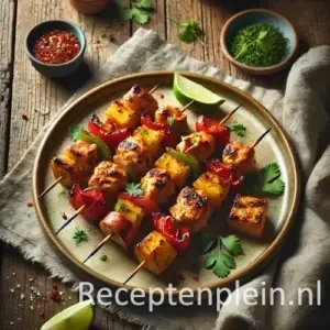 exotische gevogeltespiesjes op rustieke houten tafel met kruiden en limoen
