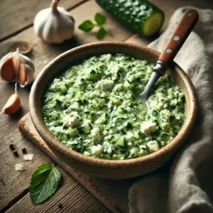 Feta komkommersaus barbecue met yoghurt en komkommer op rustieke houten tafel