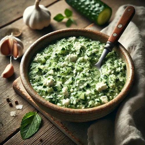 Feta komkommersaus barbecue met yoghurt en komkommer op rustieke houten tafel