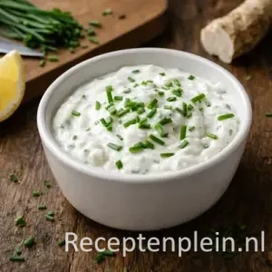 Kwark mierikswortelsaus barbecue op een rustieke houten tafel.