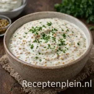 Frisse yoghurt-mosterdsaus voor de barbecue op rustieke houten tafel