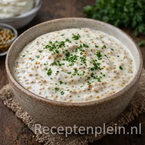 Frisse yoghurt-mosterdsaus voor de barbecue op rustieke houten tafel