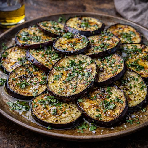 Gebakken aubergines in een schaal op rustieke houten tafel met kruiden en azijn