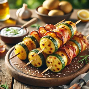 Zomerse aardappelspiesjes barbecue-stijl met gegrilde courgette op spies, krokante bacon en sesamzaad – een smaakvol gegrild groenten recept en ideaal spiesjes bijgerecht voor op de barbecue.