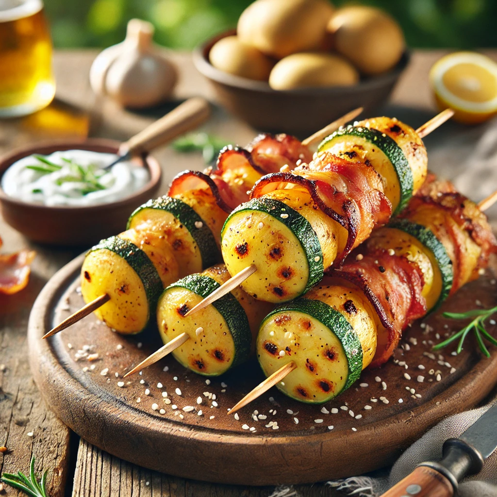Zomerse aardappelspiesjes barbecue-stijl met gegrilde courgette op spies, krokante bacon en sesamzaad – een smaakvol gegrild groenten recept en ideaal spiesjes bijgerecht voor op de barbecue.