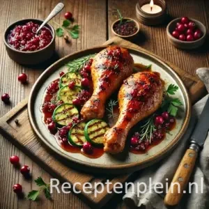 Gegrilde kippenboutjes met cranberry-komkommerchutney op rustieke houten tafel.