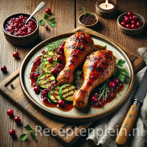 Gegrilde kippenboutjes met cranberry-komkommerchutney op rustieke houten tafel.