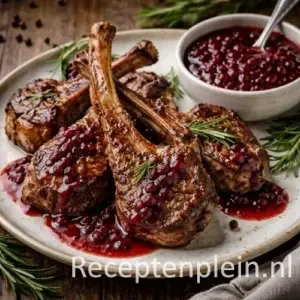Gegrilde lamskoteletjes met fruitige saus op een rustieke houten tafel.