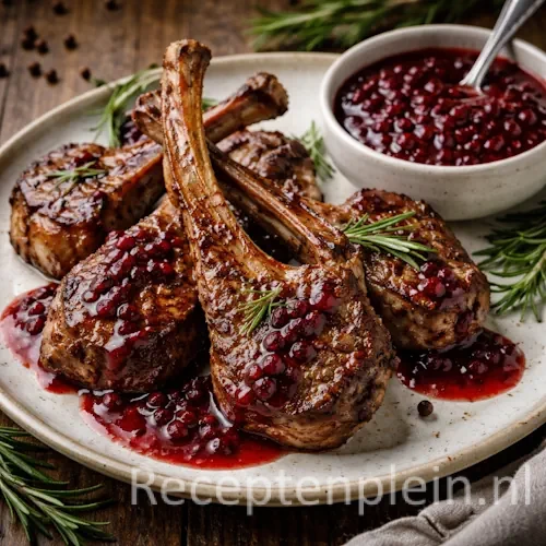 Gegrilde lamskoteletjes met fruitige saus op een rustieke houten tafel.