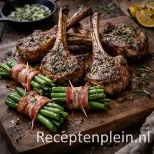 Gegrilde lamskoteletjes met spekbonen van de barbecue op een rustieke houten tafel.