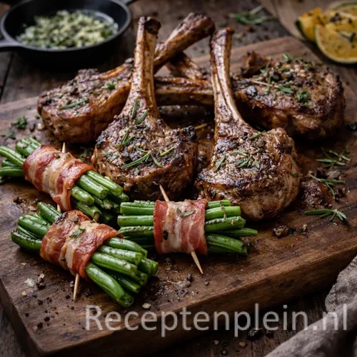 Gegrilde lamskoteletjes met spekbonen van de barbecue op een rustieke houten tafel.