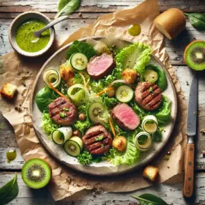 Lamsnootjes met sla en kiwi vinaigrette op rustieke houten tafel met frisse salade en gegrild vlees