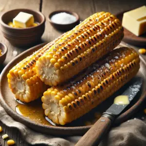 maïskolven barbecue knoflook Parmezaan op rustieke houten tafel met gesmolten boter en kruiden